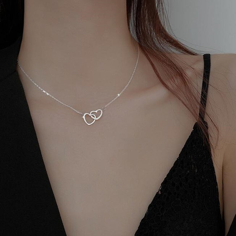 925 Sterling Silver Shiny double Heart love Zircon Circle Necklaces