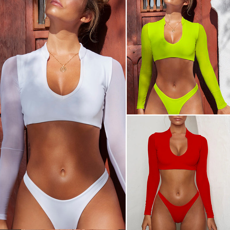 Long Sleeve Brazilian Bikini High Cut White Swimsuit
