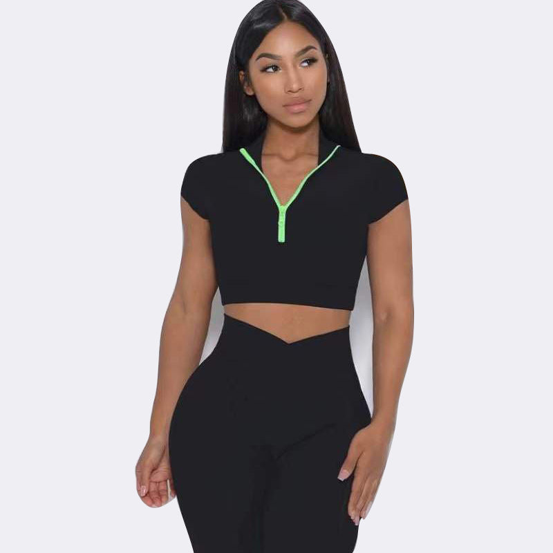 Yoga suit set, single shoulder bra, zipper, short sleeves, hip lifting shorts, long pants, fitness
