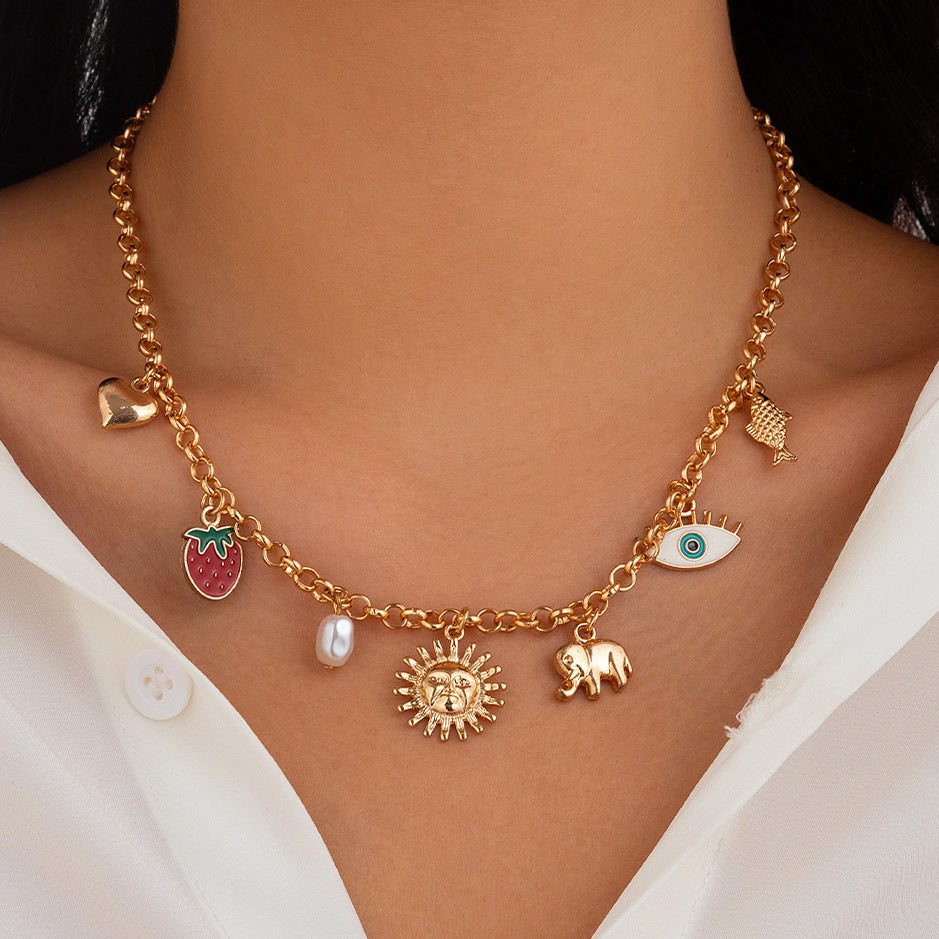 Fashionable Sun Set Zircon Necklace Women's Geometric Alloy Heart Shaped Tassel Collar Chain