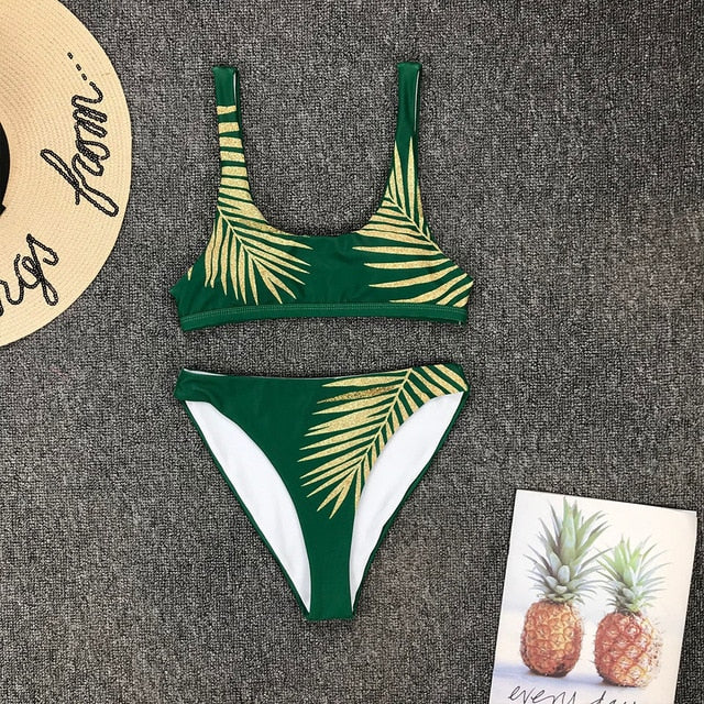 Sexy Print Bikinis Black Biquini Leaf Print Bikini Brazilian Micro Swimwear Women