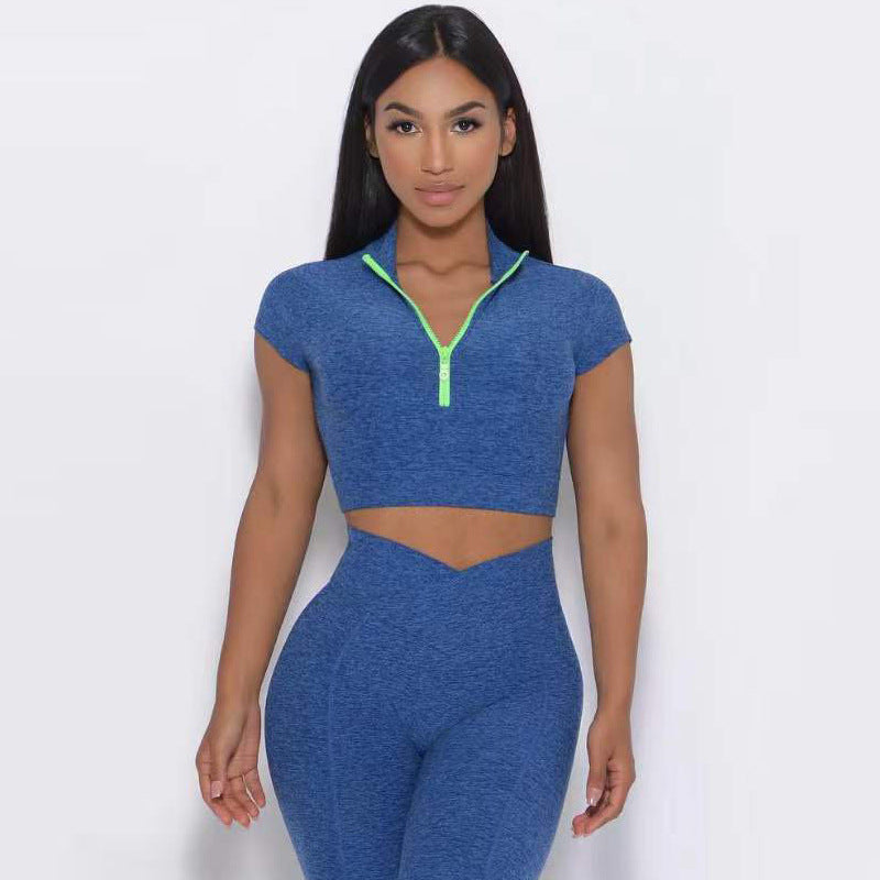 Yoga suit set, single shoulder bra, zipper, short sleeves, hip lifting shorts, long pants, fitness
