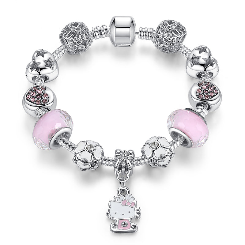 925 Silver Kitty Cat Charm Bracelet Fit