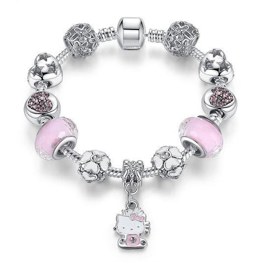 925 Silver Kitty Cat Charm Bracelet Fit