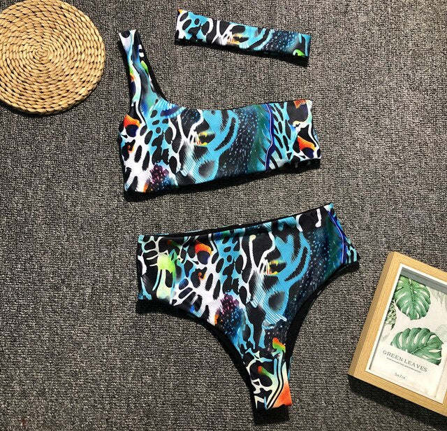 Swimsuit Women Push Up Bikini Swimwear High Waisted Snake Print Bikinis Swimming Suit One Shoulder Bikini With Headband