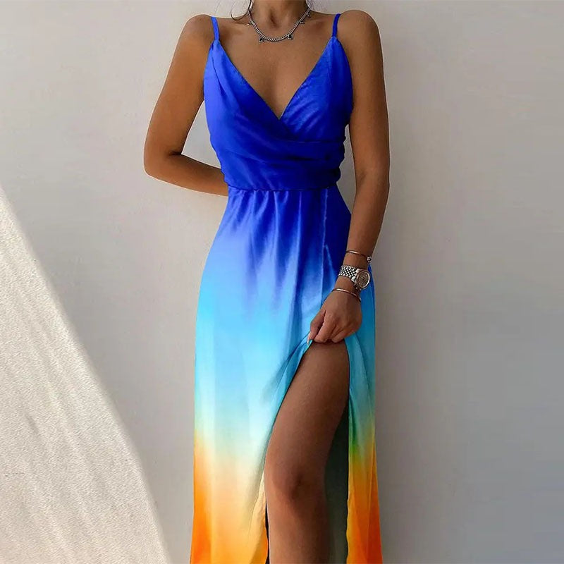 V-neck slit printed commuter dress with strap