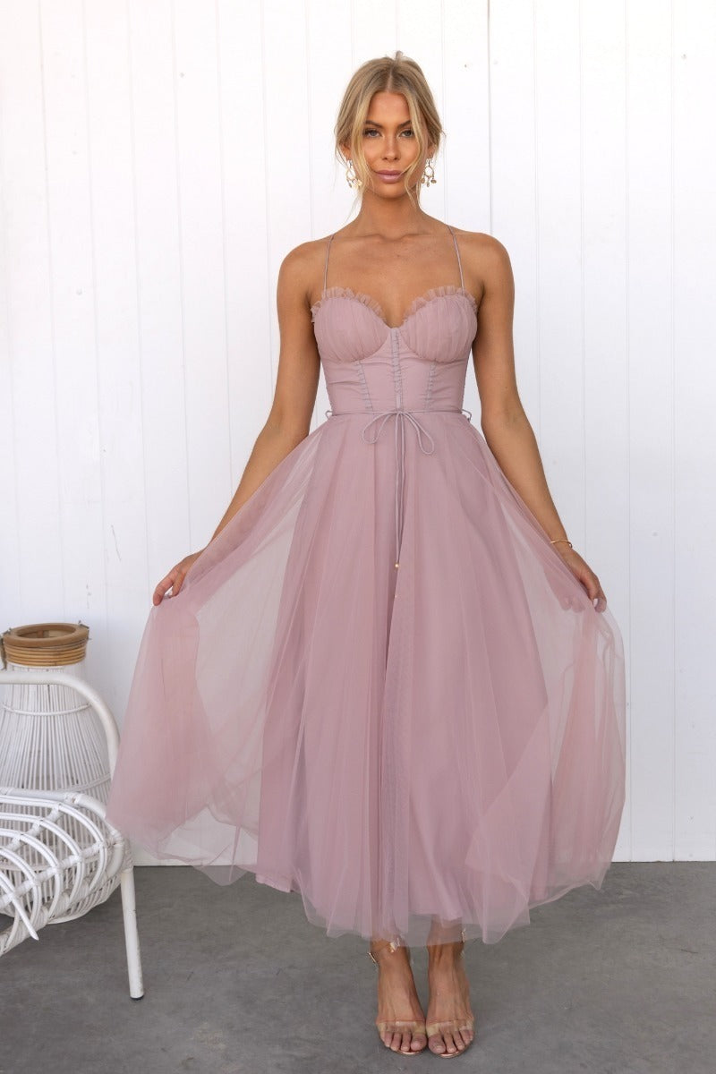 New Style Sexy Hanging Strap Mesh Party Evening Dress