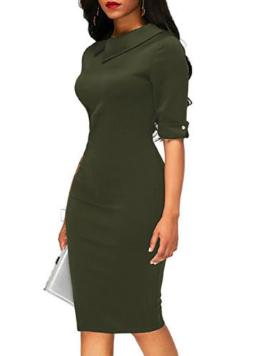 New ladies lapel straight dress autumn short-sleeved knee-length dress dark blue red party dress vestidos