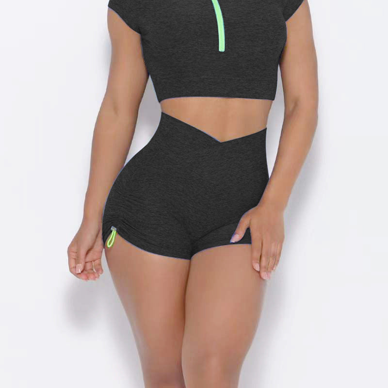 Yoga suit set, single shoulder bra, zipper, short sleeves, hip lifting shorts, long pants, fitness