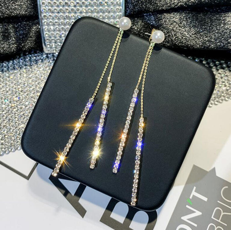 925 Silver Needle Long Tassel A Two-Pearl Stud Earrings