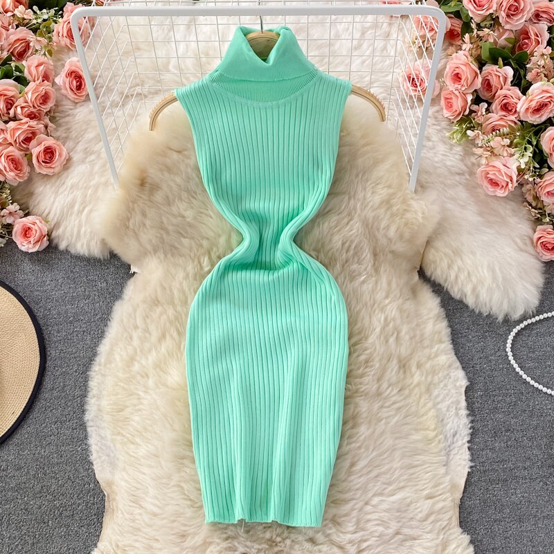Turtleneck Knit Dress Women Fashion Autumn 