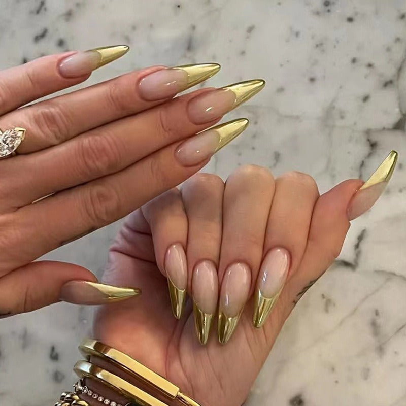 Gold French almond nail Press on