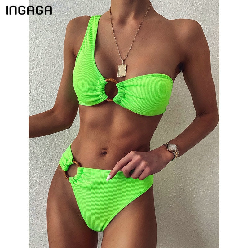 One Shoulder Bikini Women's Swimsuit High Waist Swimwear Sexy Rings