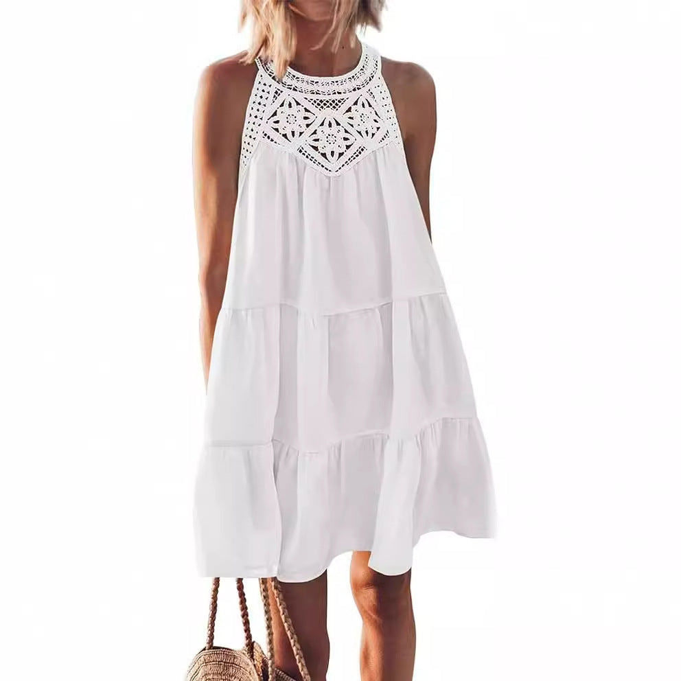 Hollow lace patchwork hanging neck A-line dress