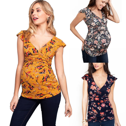 Pregnant women's fashionable printed deep V-neck