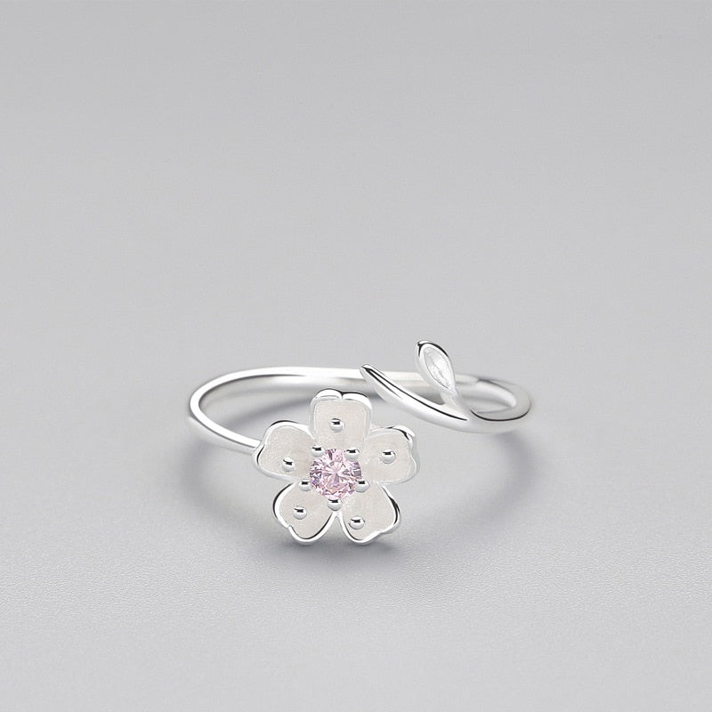 925 Sterling Silver Zircon Enamel Plum Flower Adjustable Ring