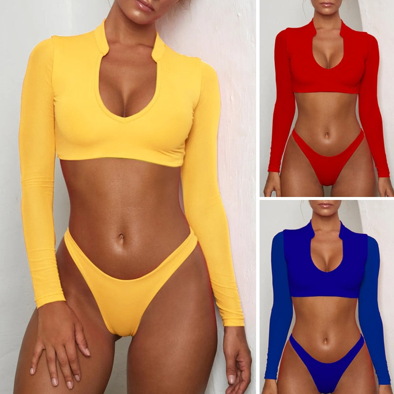 Long Sleeve Brazilian Bikini High Cut White Swimsuit