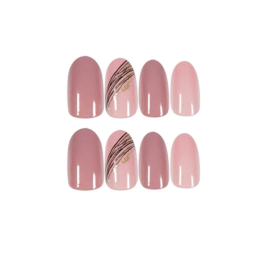 Almond Slant Gold Line Lotus Pink Fake Nails Press On