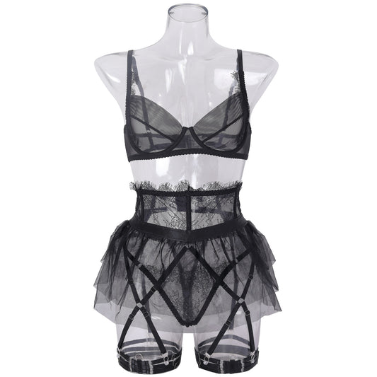 Black lace sexy patchwork perspective slim fitting and fun bra set