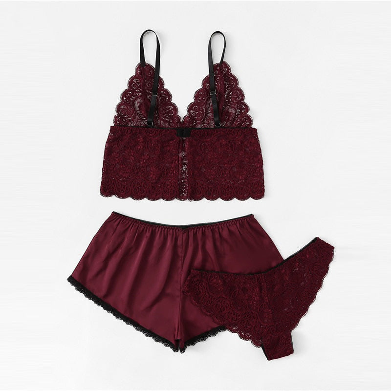 Sexy Floral Lace Cami Lingerie Set Burgundy Women \