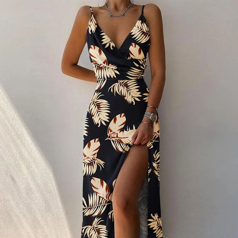 V-neck slit printed commuter dress with strap