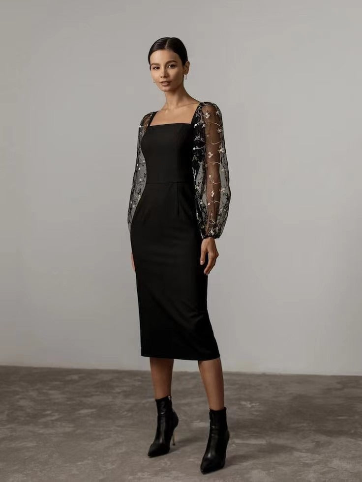 Simple and elegant embroidered patchwork buttocks up dress