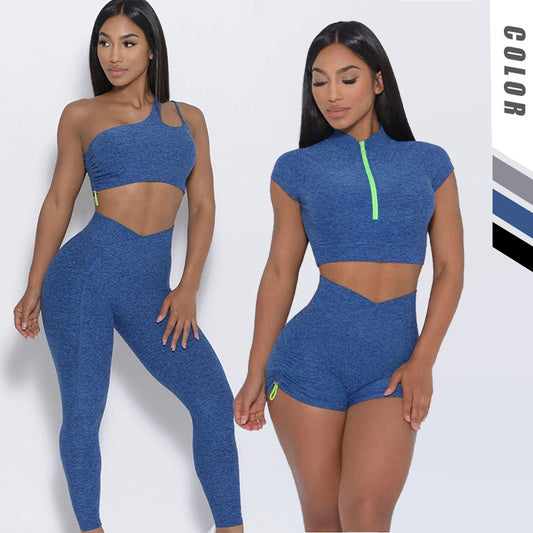 Yoga suit set, single shoulder bra, zipper, short sleeves, hip lifting shorts, long pants, fitness