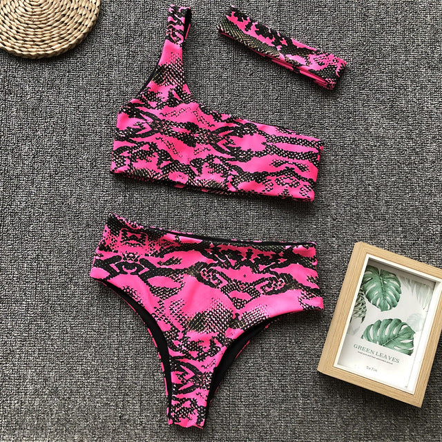 Swimsuit Women Push Up Bikini Swimwear High Waisted Snake Print Bikinis Swimming Suit One Shoulder Bikini With Headband