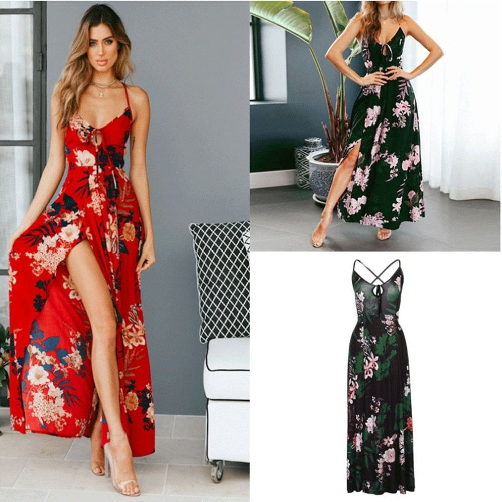 Red Floral Print backless summer dress Women