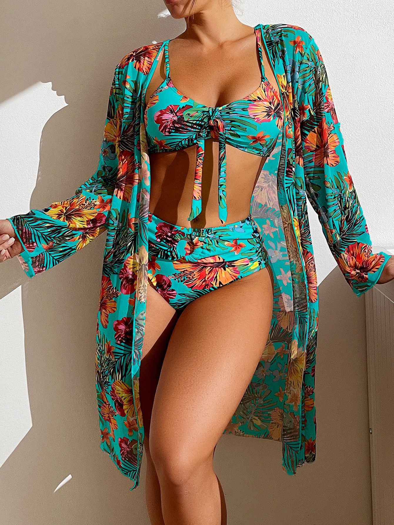 Long top split three piece printed sexy swimsuit women's bikini