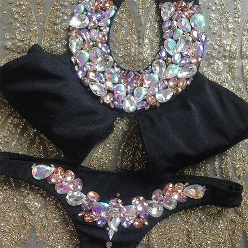 Women Rhinestone Crystal Bikini Sets Solid Push up