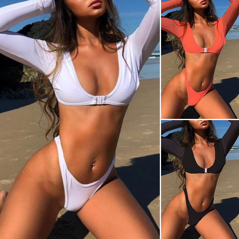 Long Sleeve Brazilian Bikini High Cut White Swimsuit