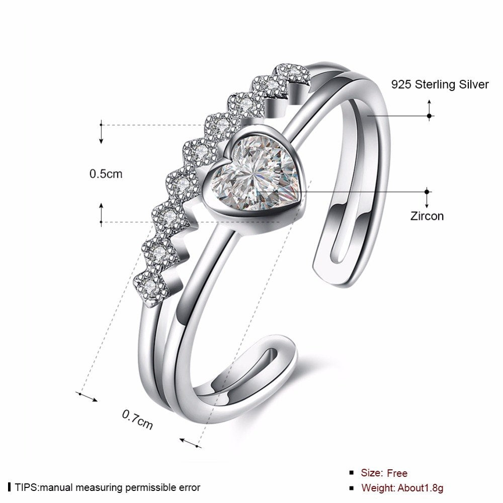 Wedding Jewelry 925 Sterling Silver Heart Zirconia Adjustable Love Rings 