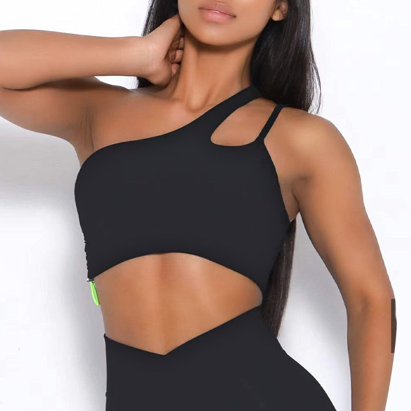 Yoga suit set, single shoulder bra, zipper, short sleeves, hip lifting shorts, long pants, fitness