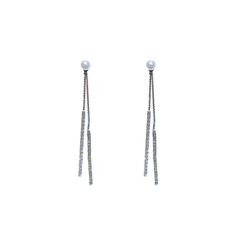 925 Silver Needle Long Tassel A Two-Pearl Stud Earrings