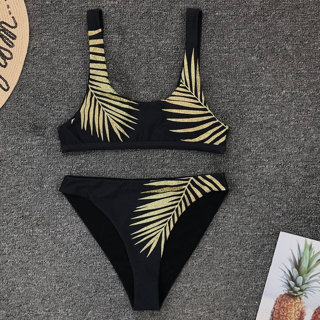 Sexy Print Bikinis Black Biquini Leaf Print Bikini Brazilian Micro Swimwear Women
