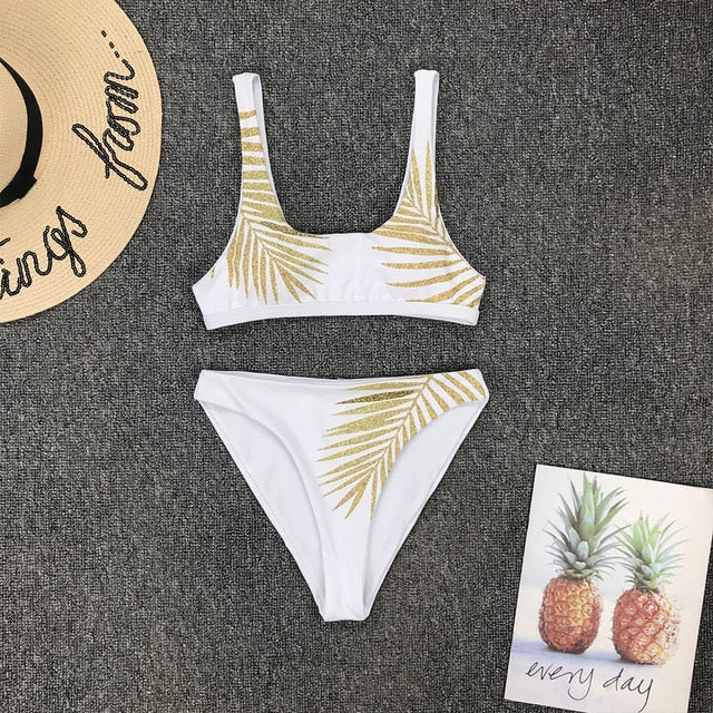 Sexy Print Bikinis Black Biquini Leaf Print Bikini Brazilian Micro Swimwear Women
