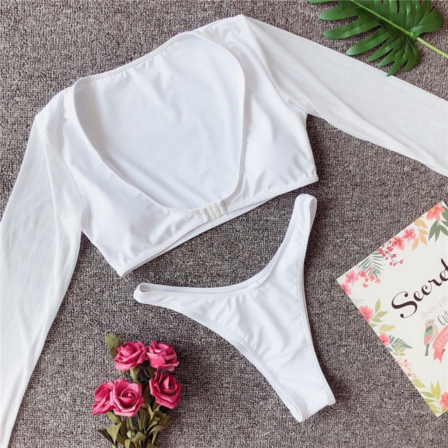Long Sleeve Brazilian Bikini High Cut White Swimsuit