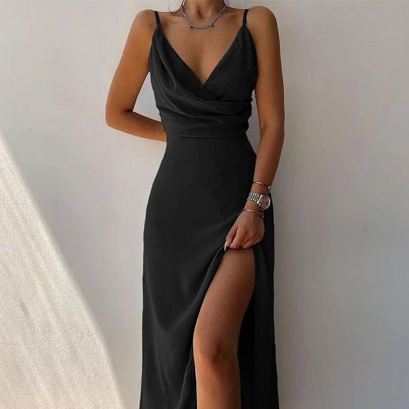 V-neck slit printed commuter dress with strap