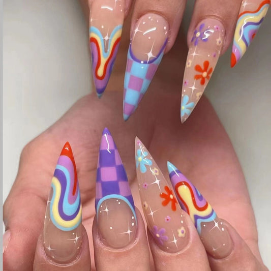 Multi-color small flower Press on Nails Almond Large
