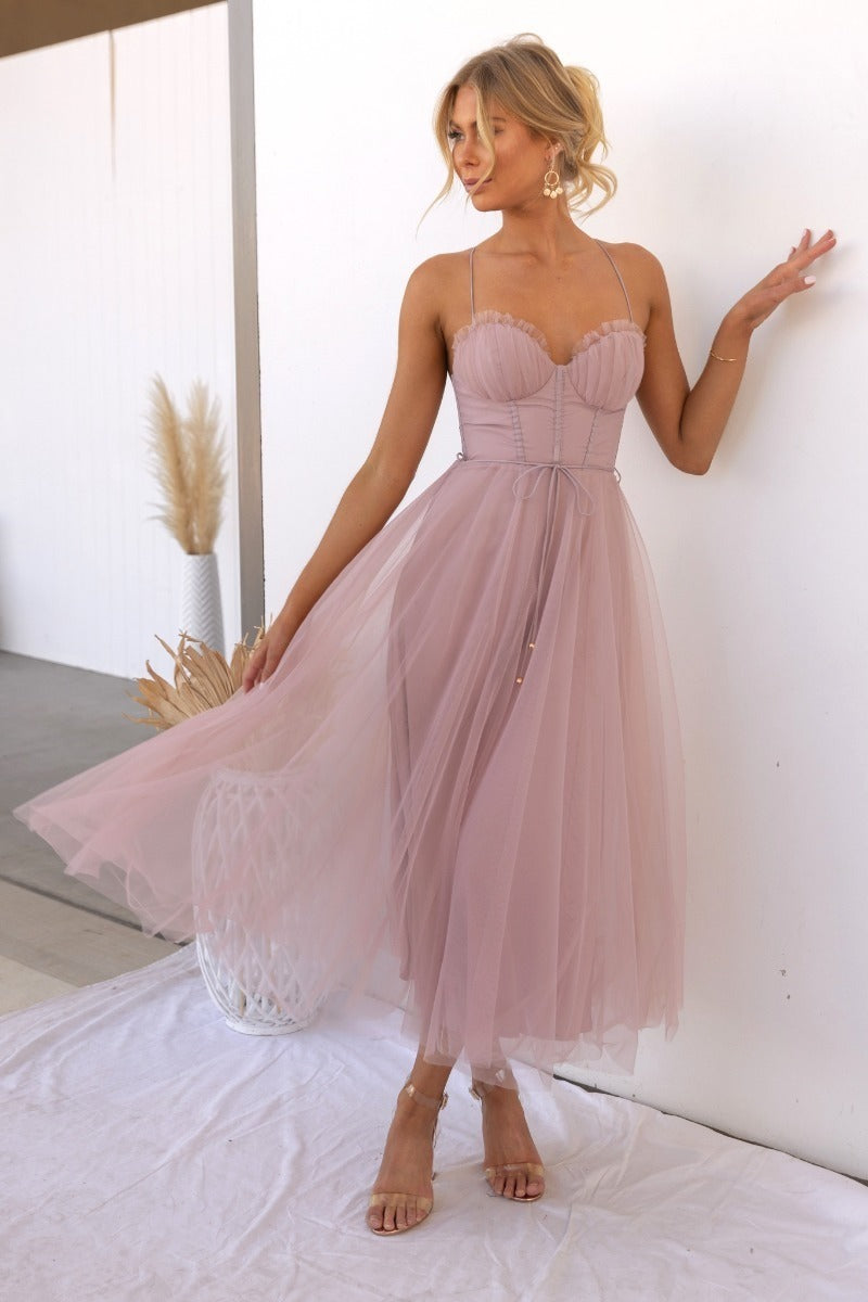 New Style Sexy Hanging Strap Mesh Party Evening Dress