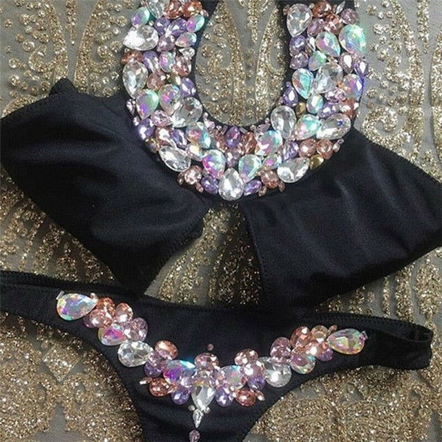 Women Rhinestone Crystal Bikini Sets Solid Push up
