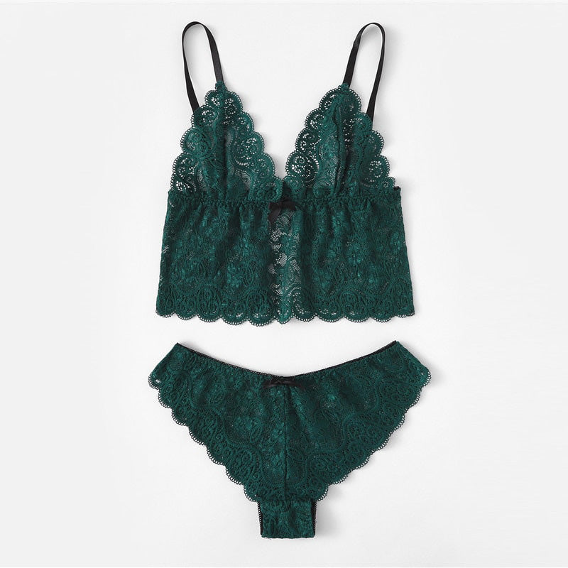 Sexy Floral Lace Cami Lingerie Set Burgundy Women \