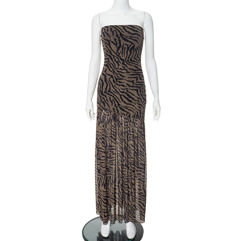 Chestless leopard print split mesh patchwork dress