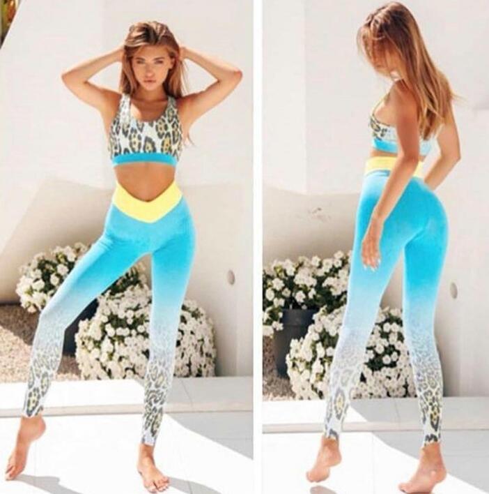 Woman Gym Leggings Leopard Push up Strappy Sports Bra 2 Pcs