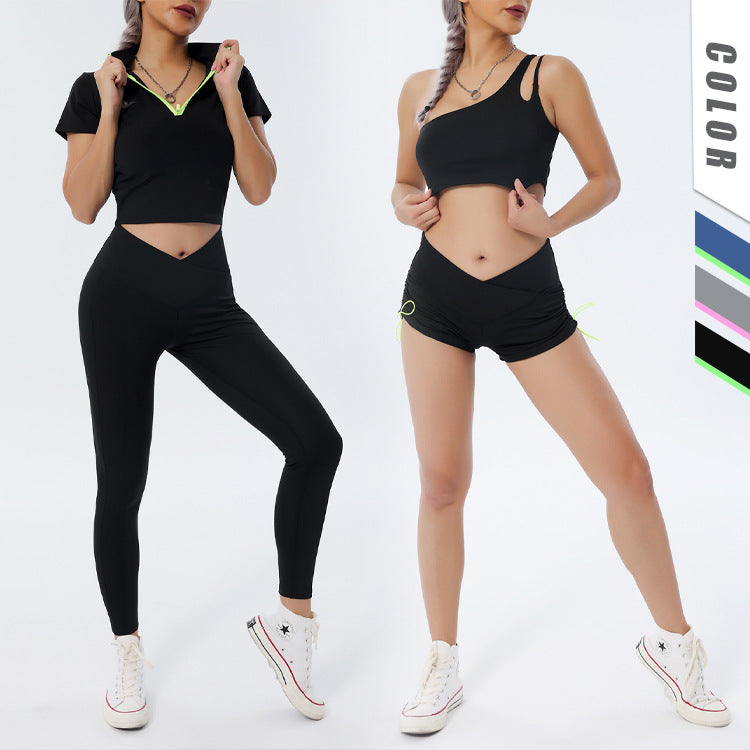 Yoga suit set, single shoulder bra, zipper, short sleeves, hip lifting shorts, long pants, fitness