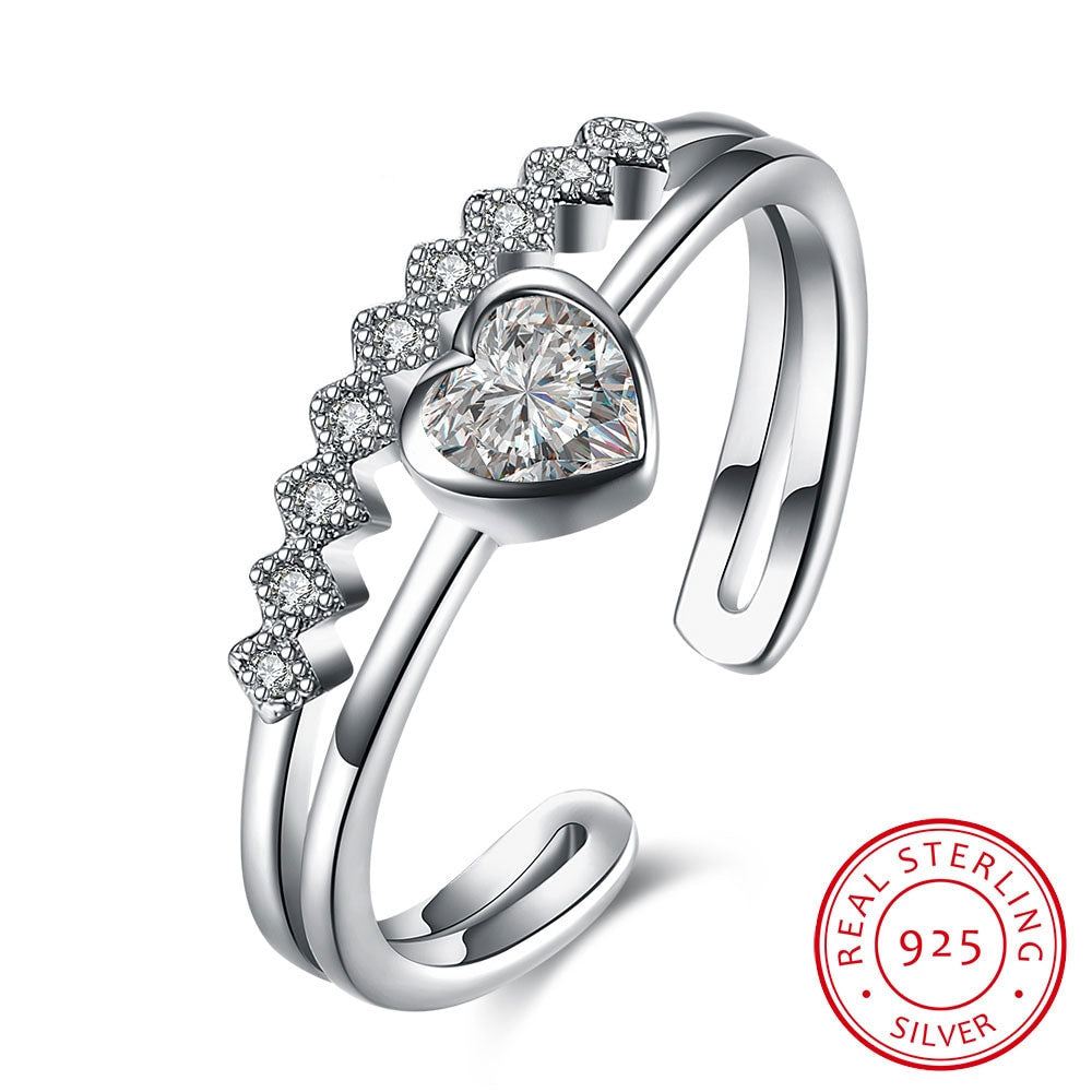 Wedding Jewelry 925 Sterling Silver Heart Zirconia Adjustable Love Rings 
