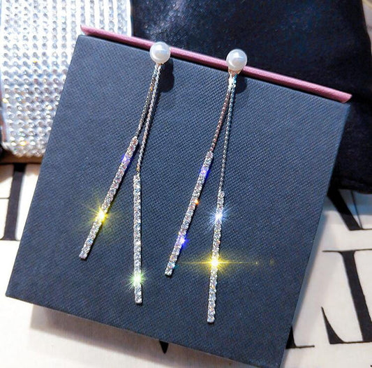 925 Silver Needle Long Tassel A Two-Pearl Stud Earrings