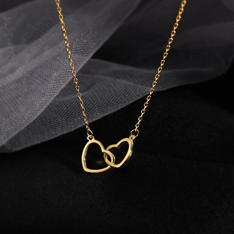 925 Sterling Silver Shiny double Heart love Zircon Circle Necklaces