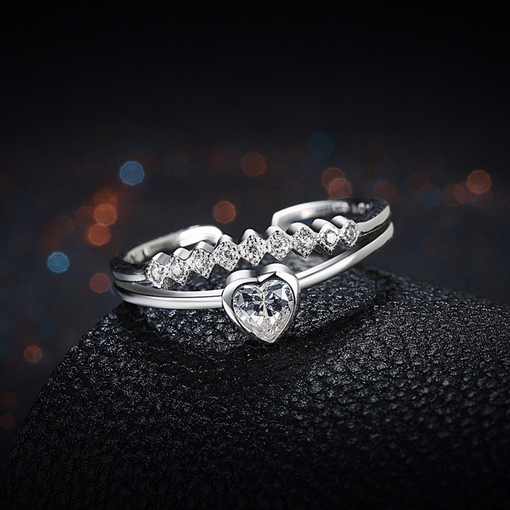 Wedding Jewelry 925 Sterling Silver Heart Zirconia Adjustable Love Rings 